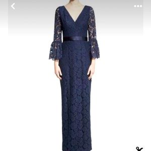 Theia Bell-Sleeve Floral Lace Column Gown, Navy, Size 12